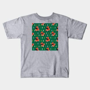 Cute Dog in Christmas Tree Winter Sweater and Red Hat Pattern Kids T-Shirt